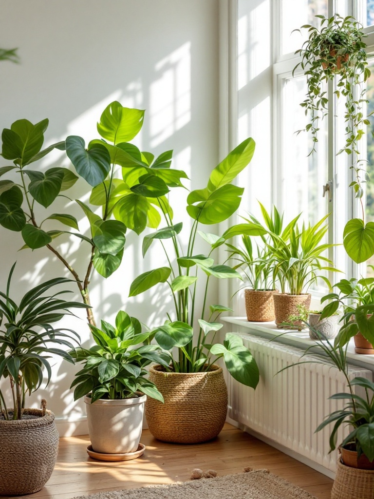 Indoor plants like snake plants and ferns enhance spring decor, improving air quality and aesthetics.