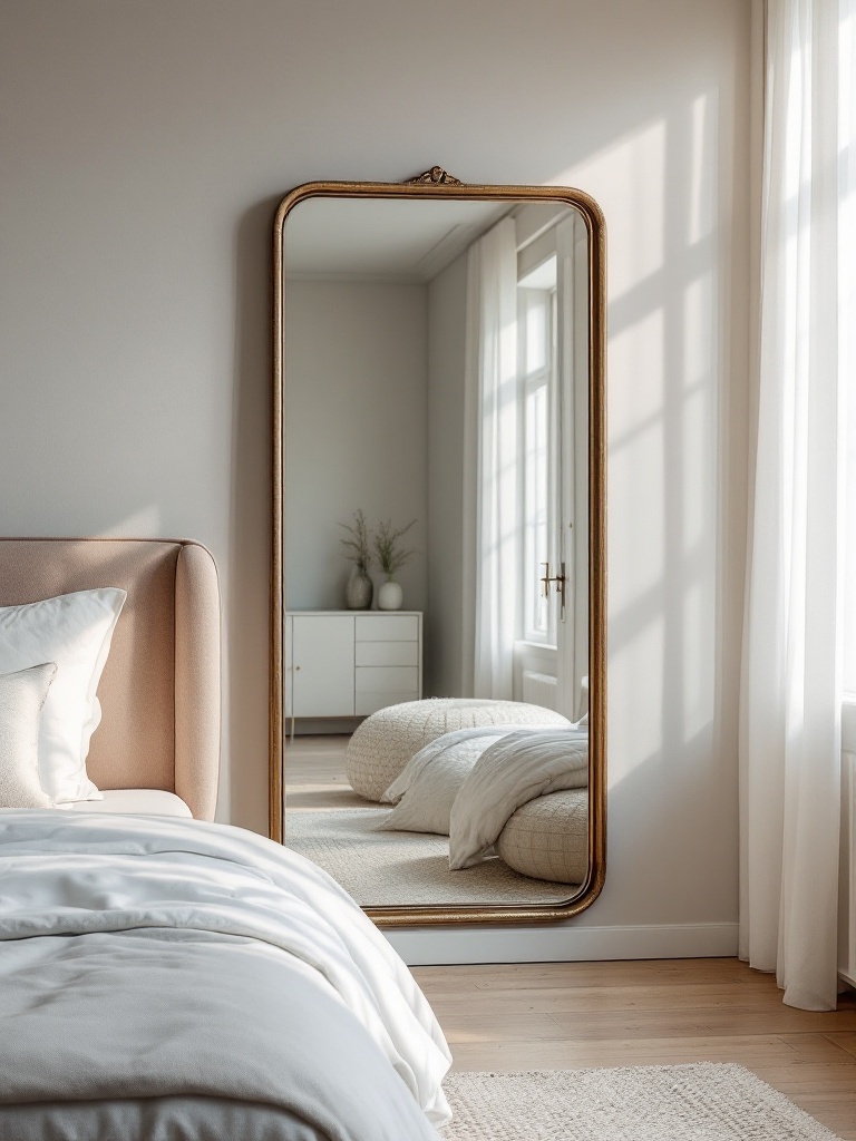 A stylish bedroom with mirrors enhancing light and space, featuring decorative and functional designs.