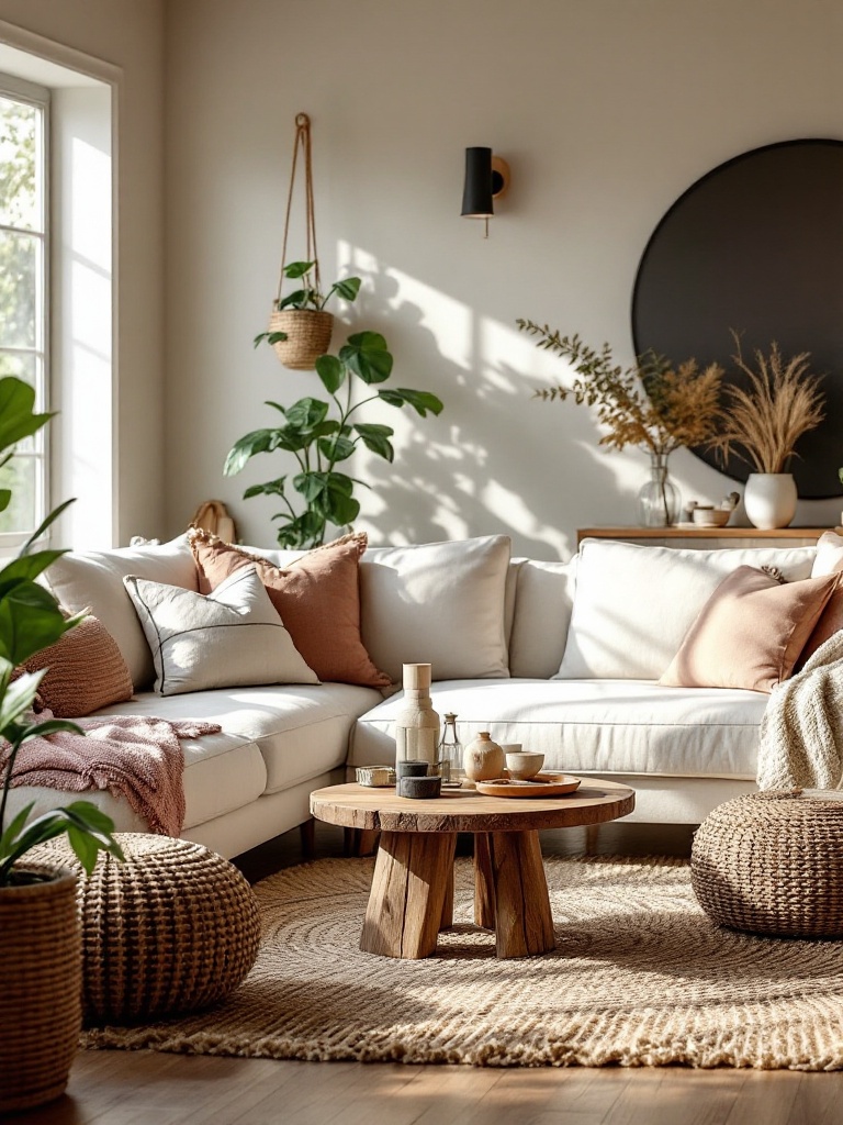 Cozy living room with wooden coffee table, woven baskets, and potted plants enhancing natural elements.