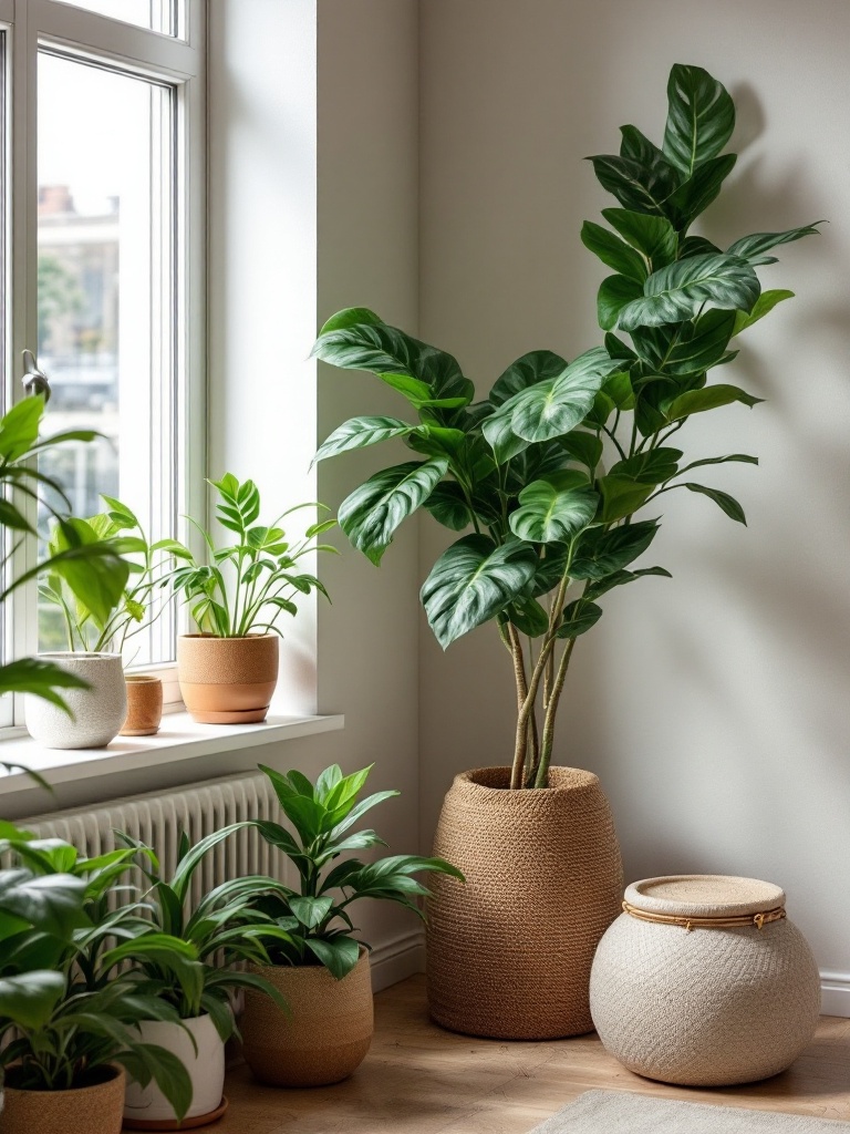 Indoor plants in decorative pots enhance apartment decor, adding life, freshness, and natural beauty.