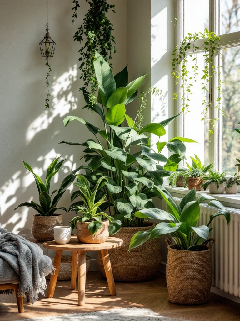 Indoor plants like ferns and succulents create a vibrant, cozy atmosphere, enhancing spring aesthetics.