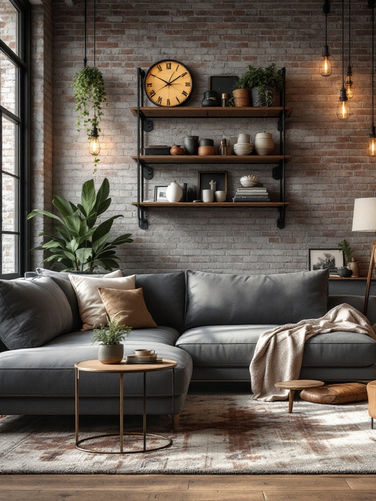 Cozy sectional living room with gray furniture, metal shelves, exposed brick, and leather accents.