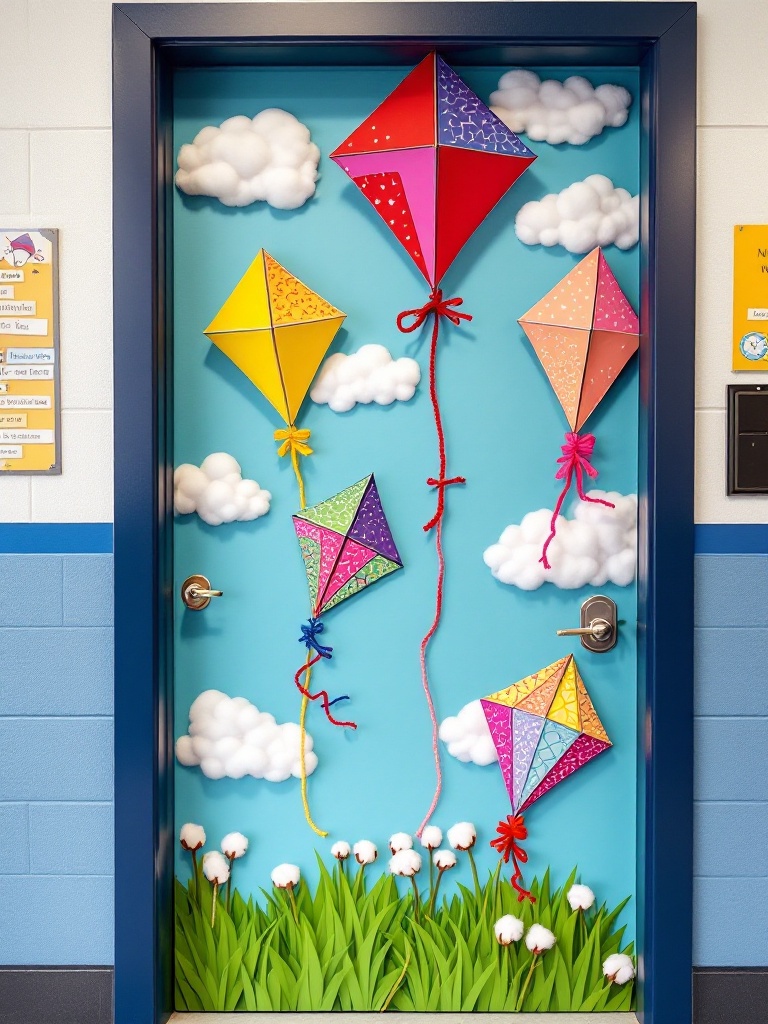 Colorful kite-themed door decoration with yarn strings and cotton clouds, promoting joy and exploration.