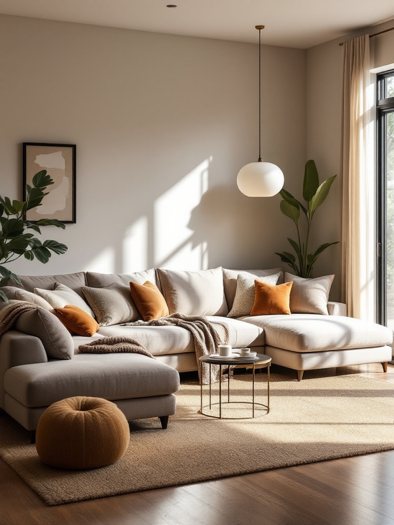 L-shaped sectional in a cozy living room nook with soft lighting, a rug, and a small side table.