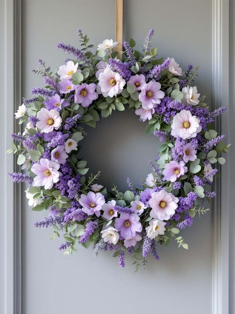 A lavender and eucalyptus wreath, featuring soft purples and greens, promoting a calming spring decor.