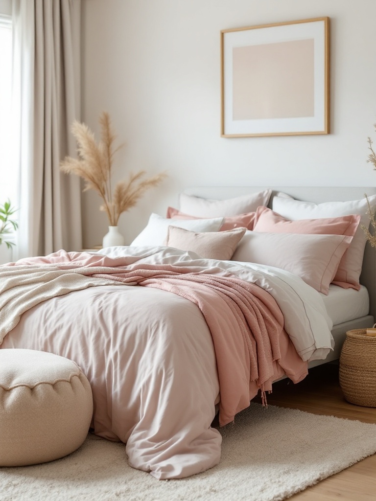 Cozy spring bedroom with lightweight layered bedding in soft colors, featuring quilts and throws.