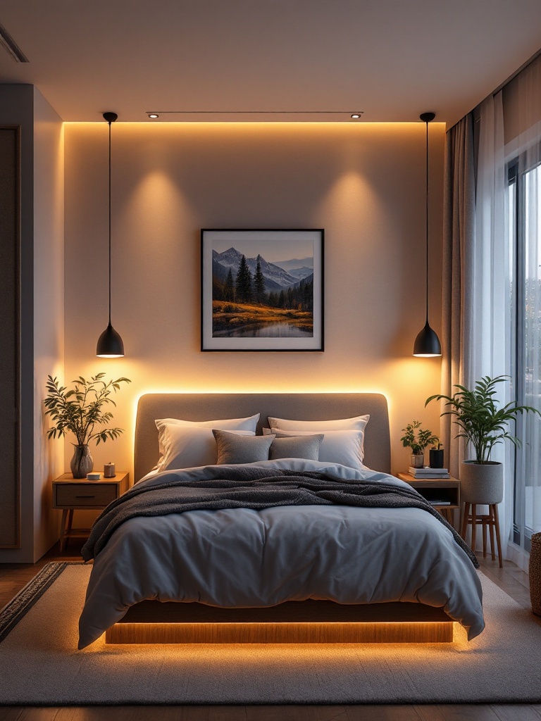 Cozy bedroom with layered warm lighting, combining task, ambient, and accent lights for inviting warmth.