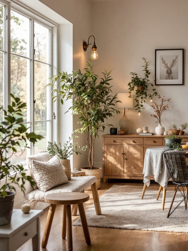 Cozy home with layered lighting, decorative shades, and colorful bulbs creating a spring ambiance.