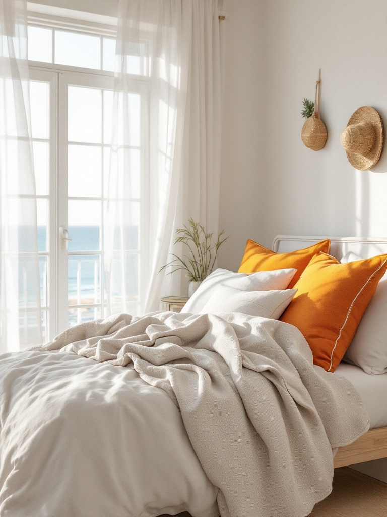 Lightweight bedding and curtains in cotton and linen with bright cushions and a throw blanket.