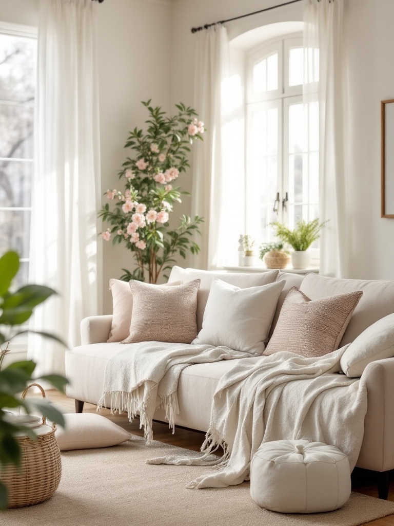 A bright living room with sheer curtains, linen pillows, light throw blankets, and pastel floral patterns.