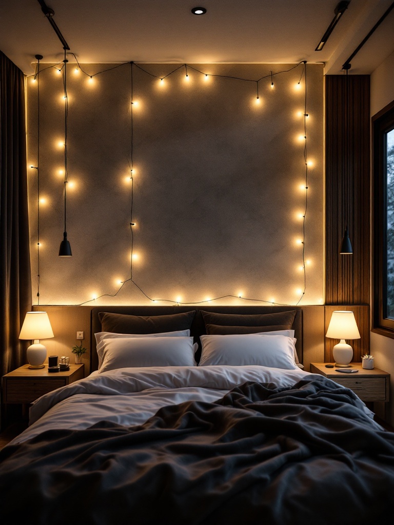Cozy bedroom with soft lighting from bedside lamps and string lights, creating a relaxing atmosphere.