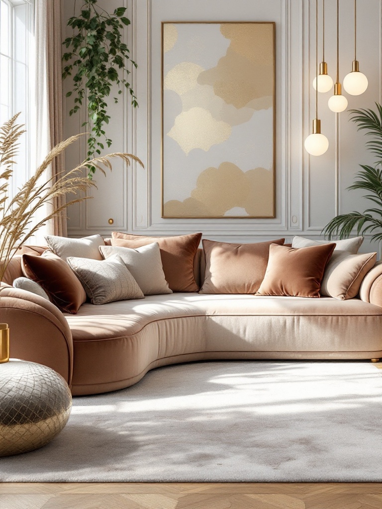 Elegant living room featuring a luxurious sectional, plush cushions, stylish rug, and gold accents.