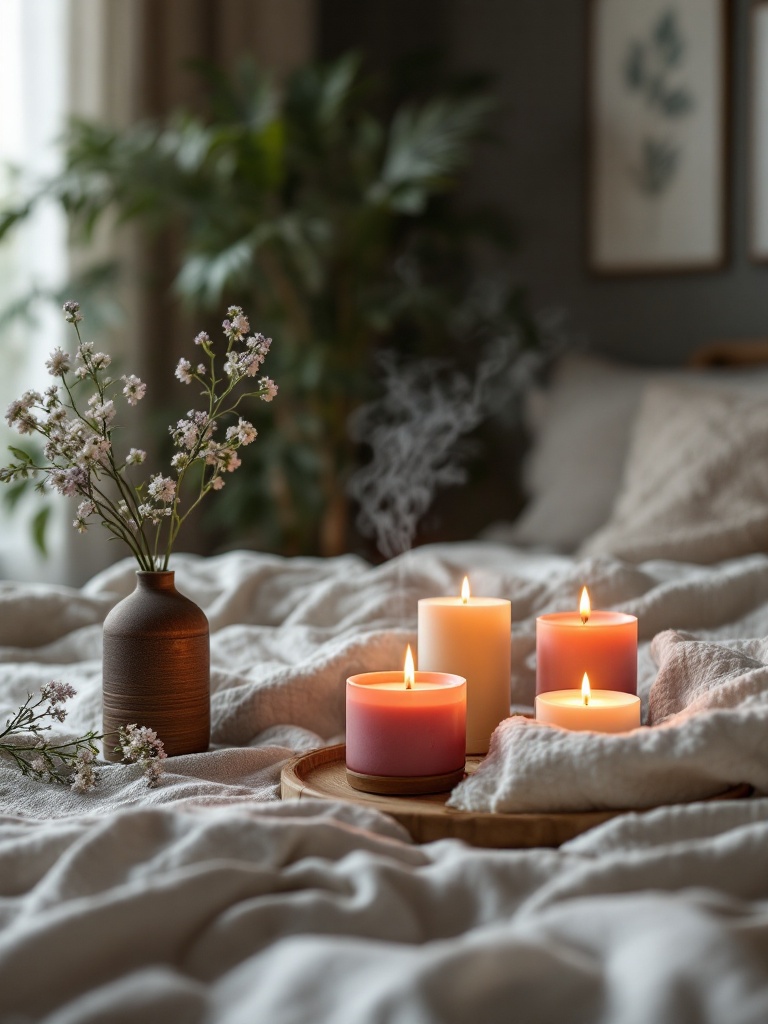 A serene bedroom atmosphere with diffusers and candles emitting calming scents like lavender and chamomile.
