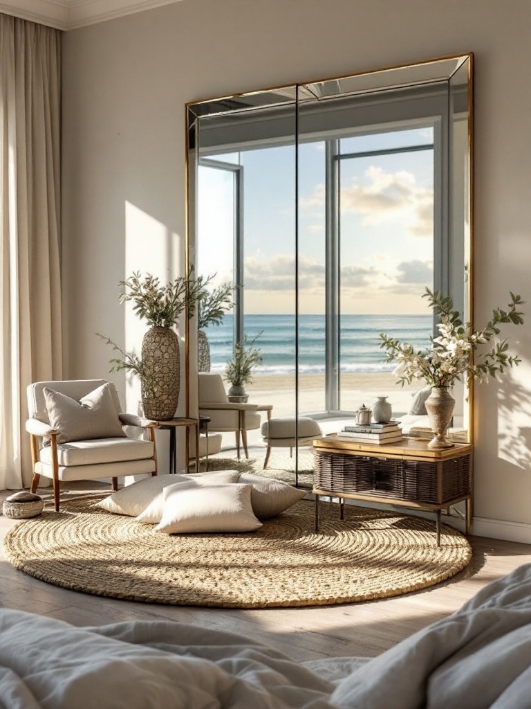 Mirrored surfaces in a beach bedroom enhance light, create space, and reflect coastal ambiance.