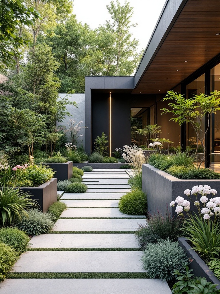 Modern geometric flower bed design with sharp lines, bold shapes, and vibrant flowers in organized layout.
