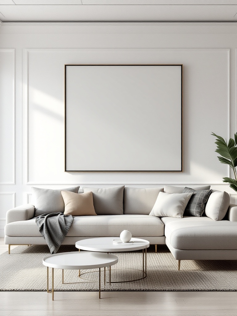 Modern minimalist living room with sleek sectional, neutral colors, and a clutter-free, cozy atmosphere.