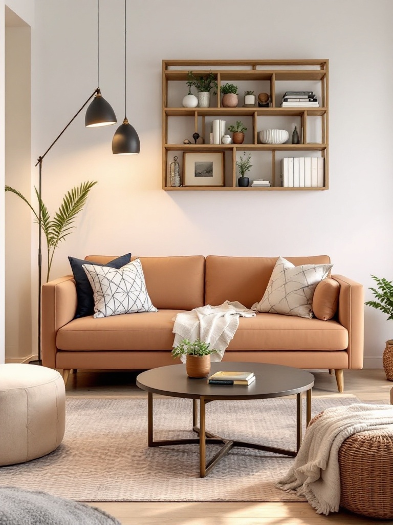 Multi-functional furniture in a small apartment, showcasing a sofa bed, storage ottoman, and expandable table.