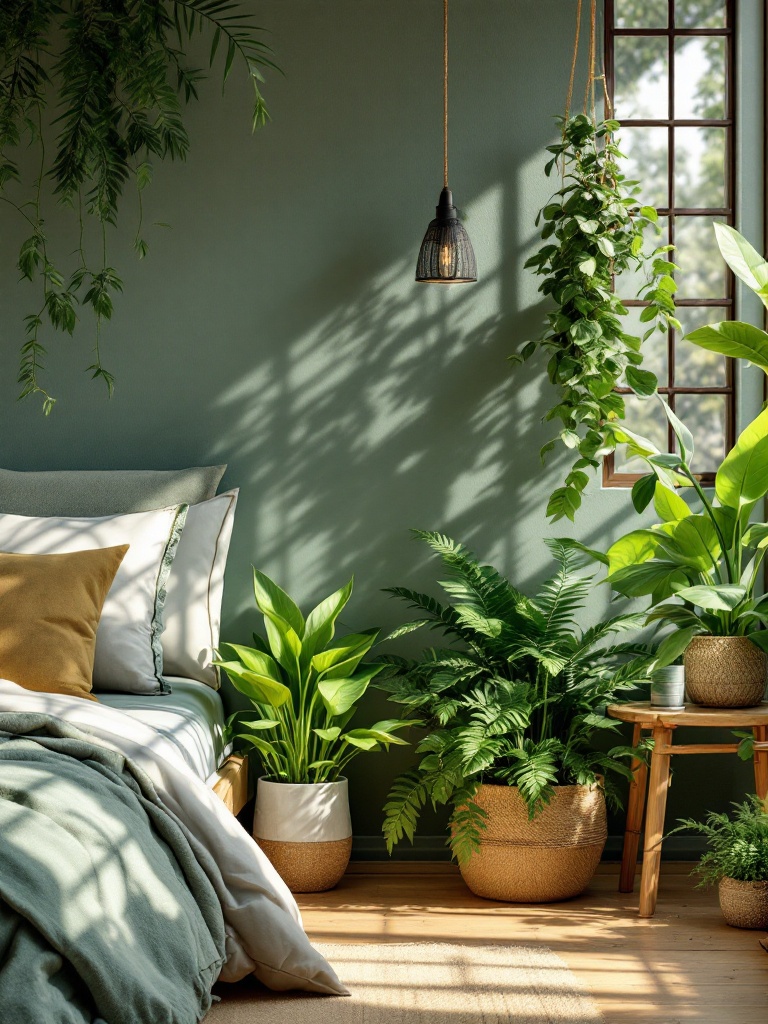 Cozy bedroom featuring indoor plants like succulents, ferns, and warm wooden furniture elements.