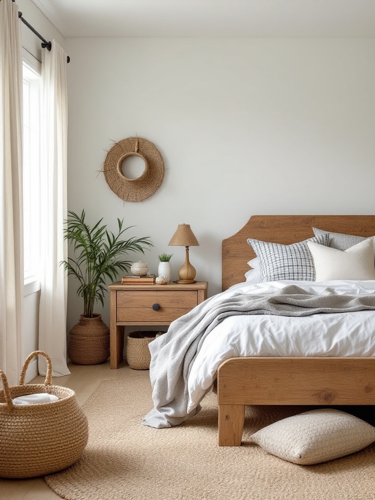 Cozy beach-themed bedroom with jute rugs, wicker baskets, and a wooden bed frame for a natural feel.