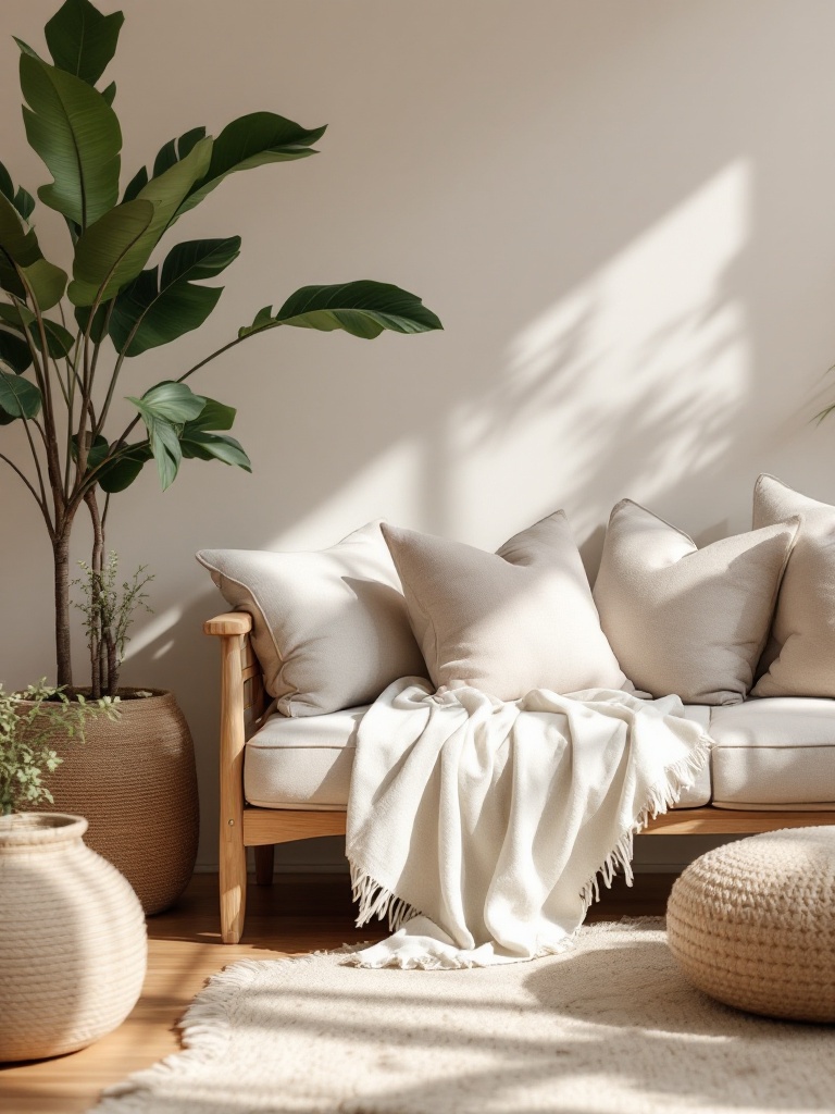 Cozy spring interior with wooden furniture, linen and cotton fabrics, and natural plants for warmth.