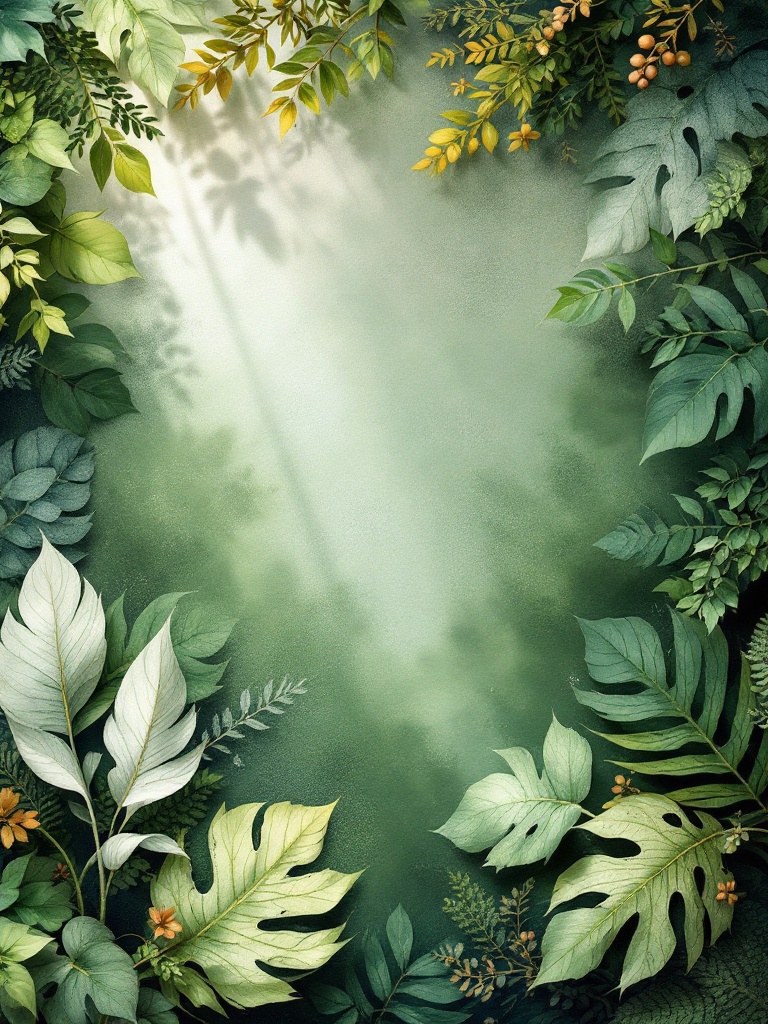 Nature-inspired decor with leaf motifs, wood textures, and nature prints for a tranquil home environment.