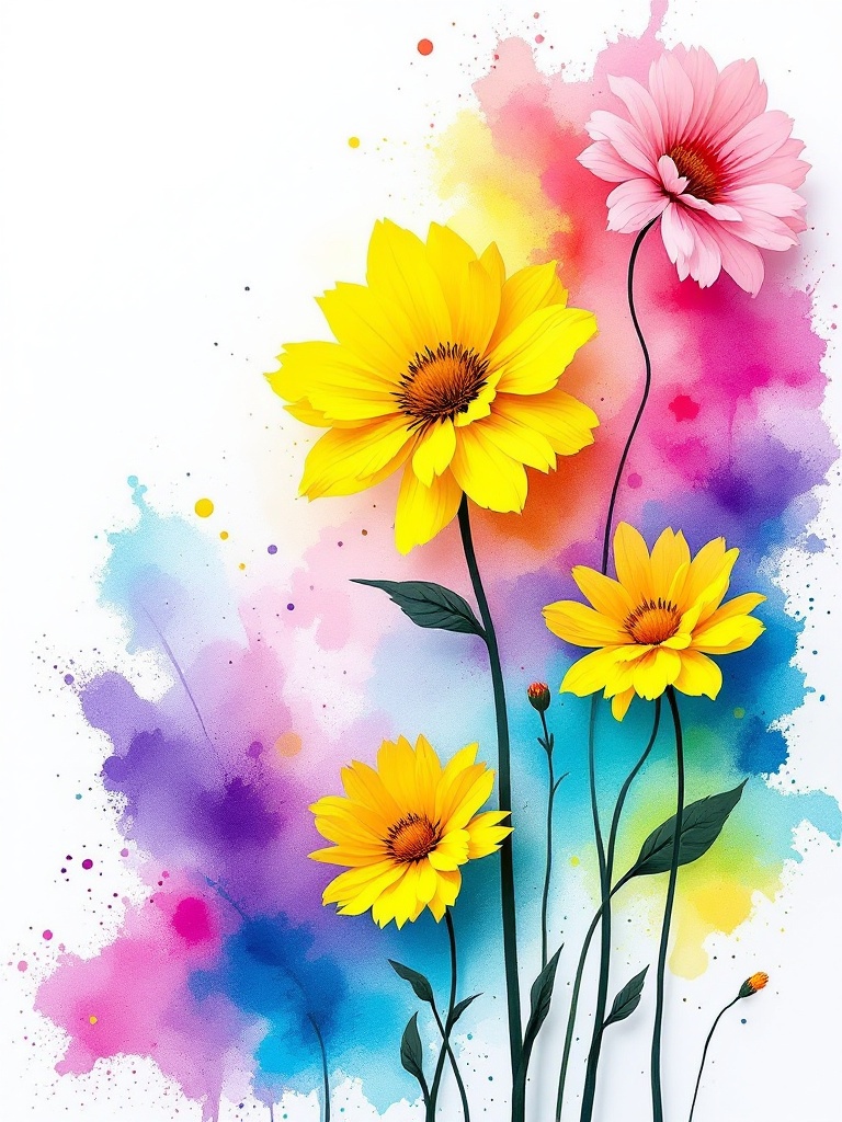 Splash of colorful paint with flower silhouettes creating a vibrant spring-inspired artistic display.