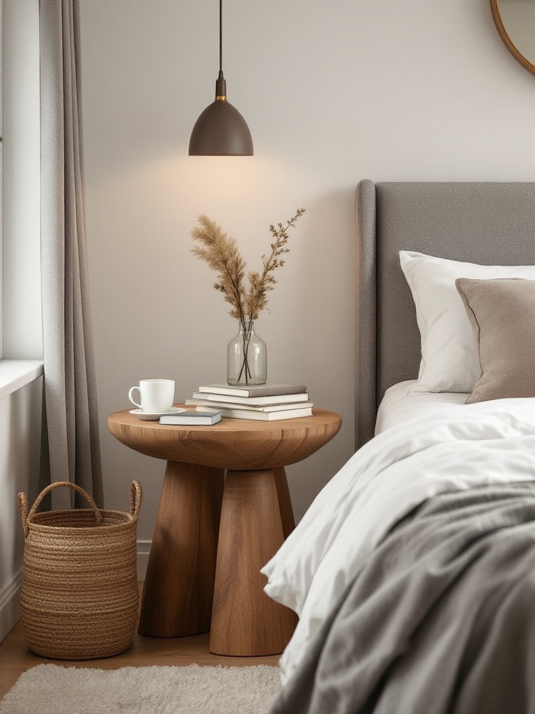 Nesting tables beside a bed, adding warmth and functionality, with warm wood finishes for cozy decor.