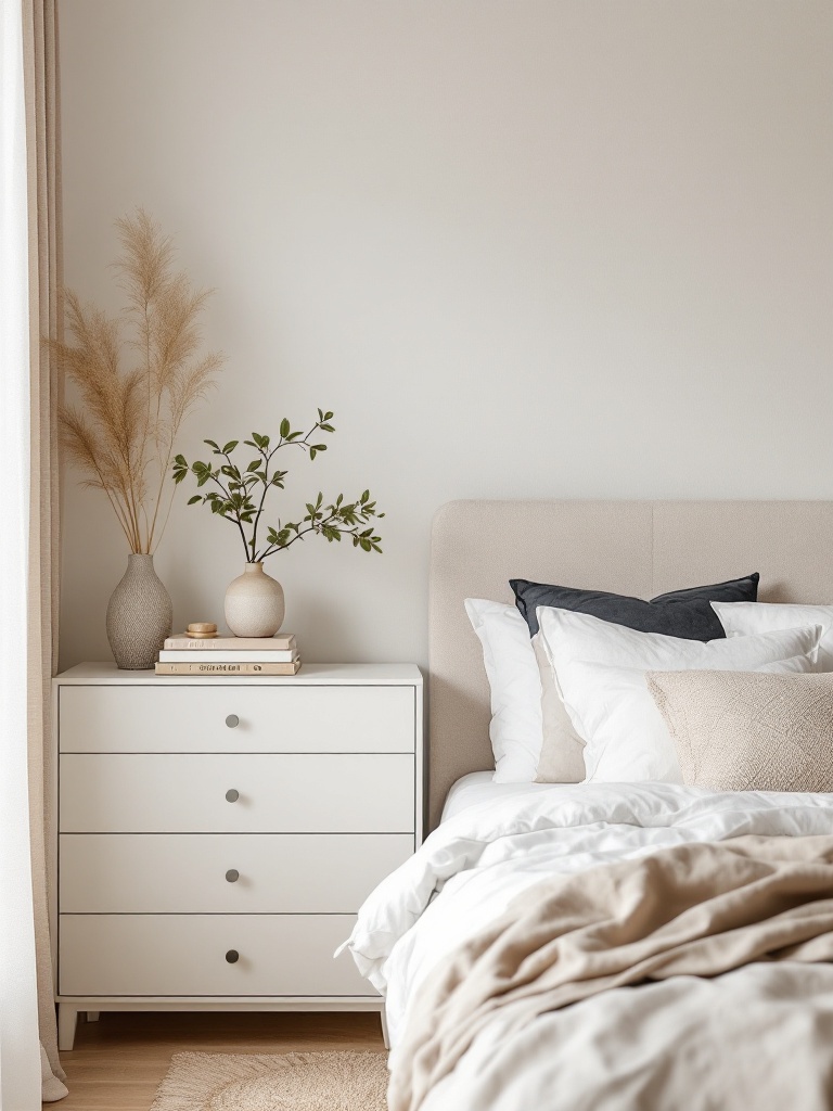 Colorful vases, books, and stylish boxes arranged on shelves enhancing a bedroom's character and energy.