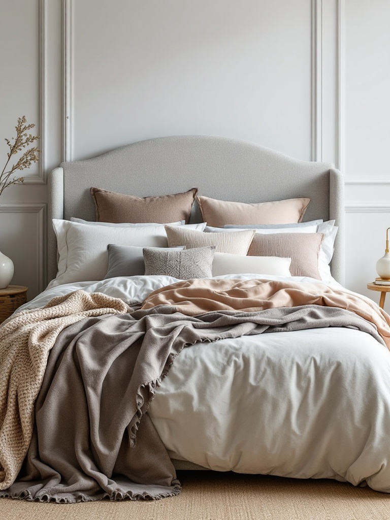 Cozy bedroom with layered bedding, pillows, and throws in various textures and patterns for a stylish look.