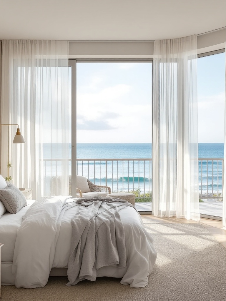 A serene bedroom with large windows, sheer curtains, and stunning ocean views illuminating the space.