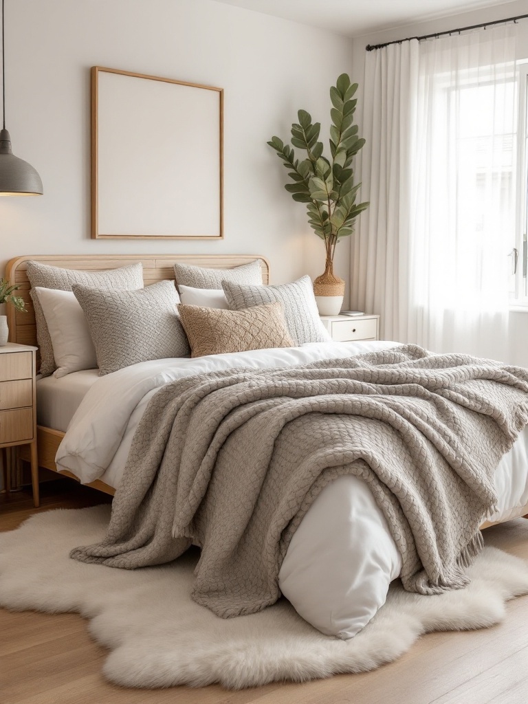 Cozy bedroom decor featuring knitted blankets, textured pillows, and a faux fur rug for beach vibe.