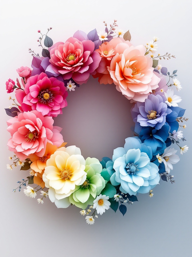 Ombre floral wreath featuring a gradient of light to dark floral hues, vibrant and eye-catching design.