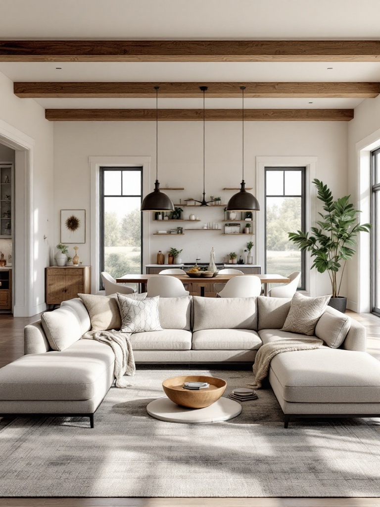 Spacious sectional in open concept living area, creating comfort and cohesion with area rugs.