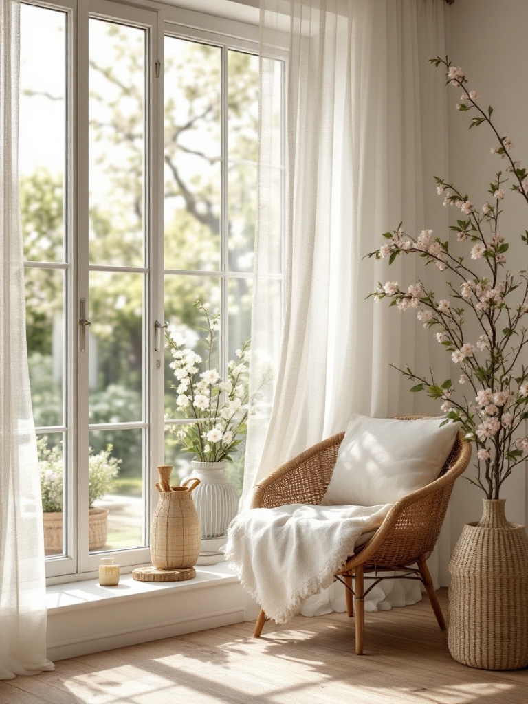 Fresh air flows through open windows, brightening a cozy spring home with light and floral scents.