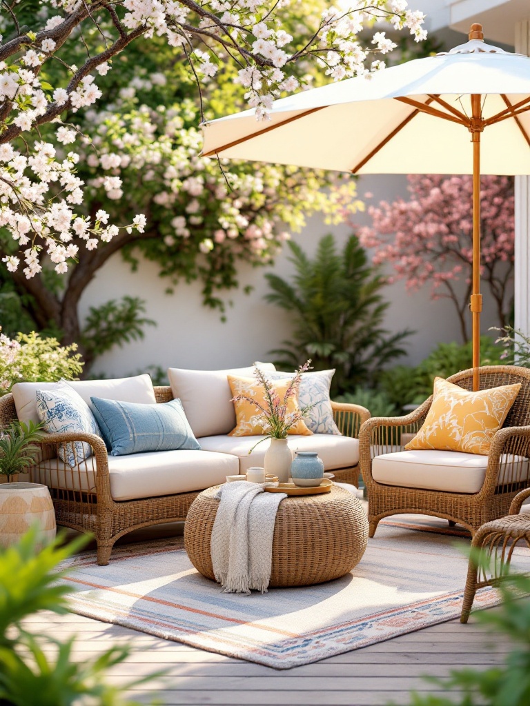 Fresh outdoor furniture with colorful cushions and pillows, creating a relaxing spring gathering space.