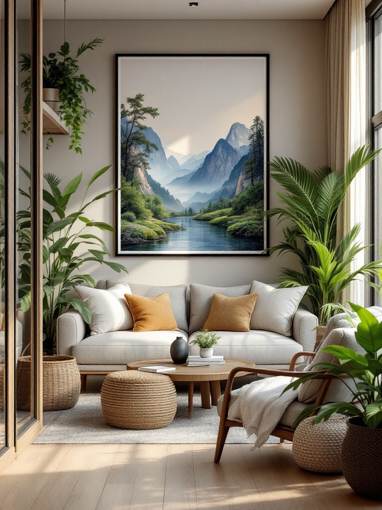 Cozy apartment decor featuring wooden furniture, stone accents, and nature-inspired elements for tranquility.