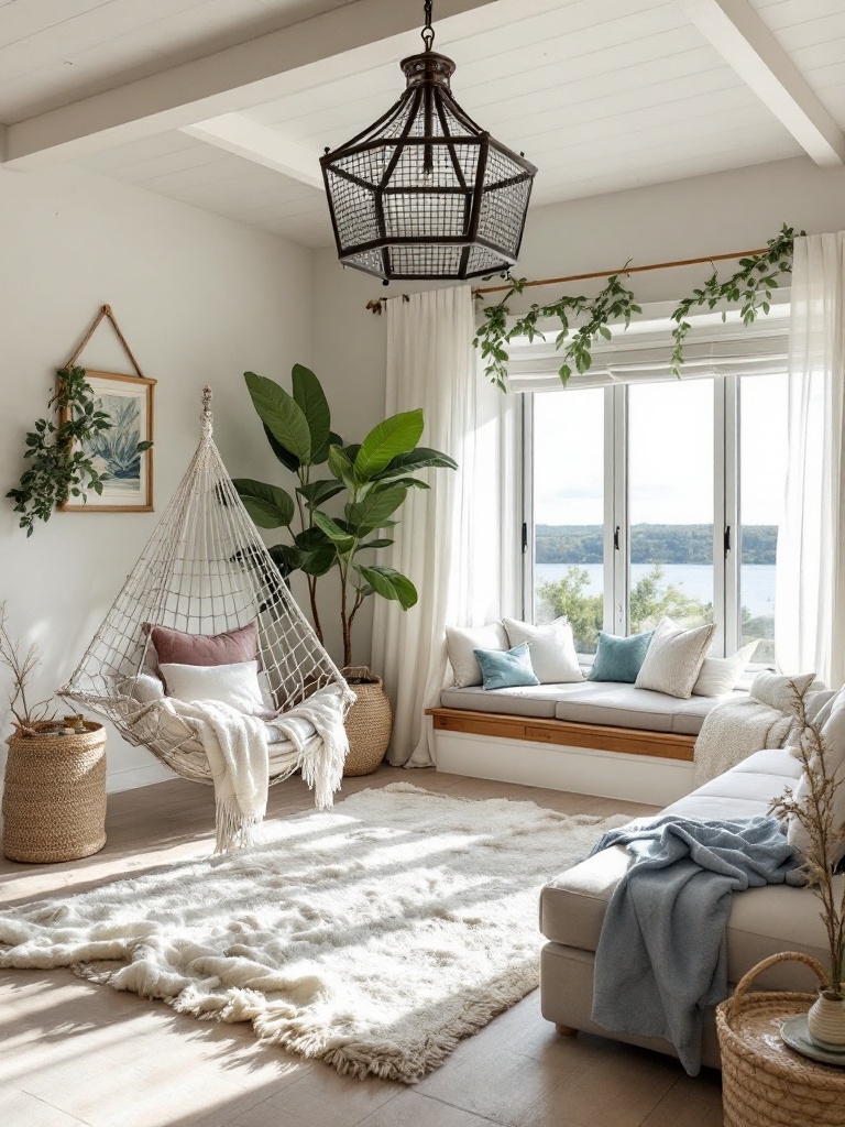 Cozy bedroom with hammock chair and reading nook by window, creating a relaxing retreat vibe.