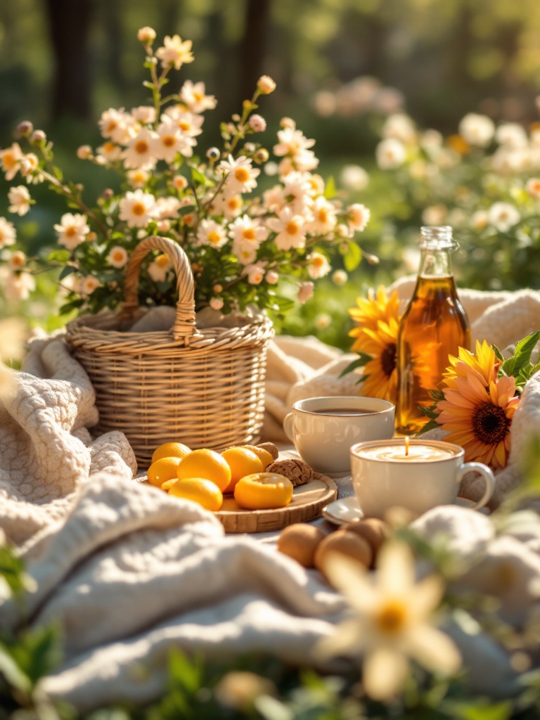 A spring picnic setup with a basket, cozy blankets, and blooming flowers in a sunny park setting.