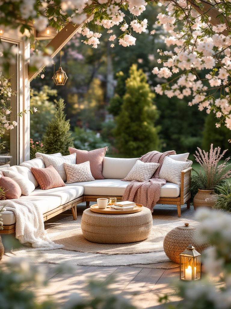 Cozy outdoor space with cushions, throws, rugs, lanterns, and string lights for spring relaxation.