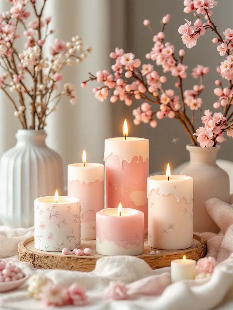 Pastel-colored candles arranged on tables to create cozy spring ambiance with floral and fruity scents.