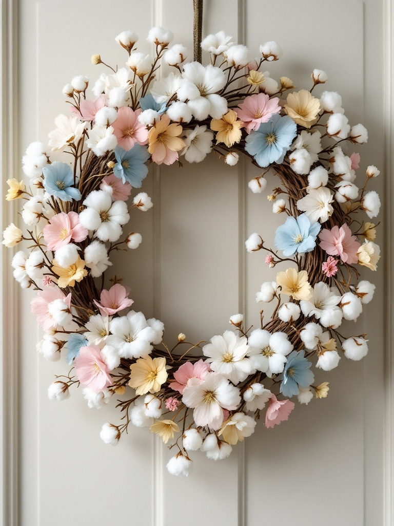 A pastel cotton wreath with soft hues of pink, blue, and yellow, symbolizing spring's beauty.