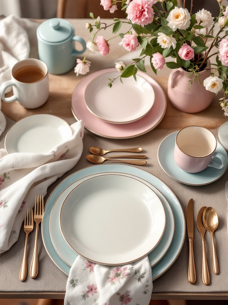 Pastel dinnerware with floral napkins on a spring table setting, enhancing culinary experiences and aesthetics.
