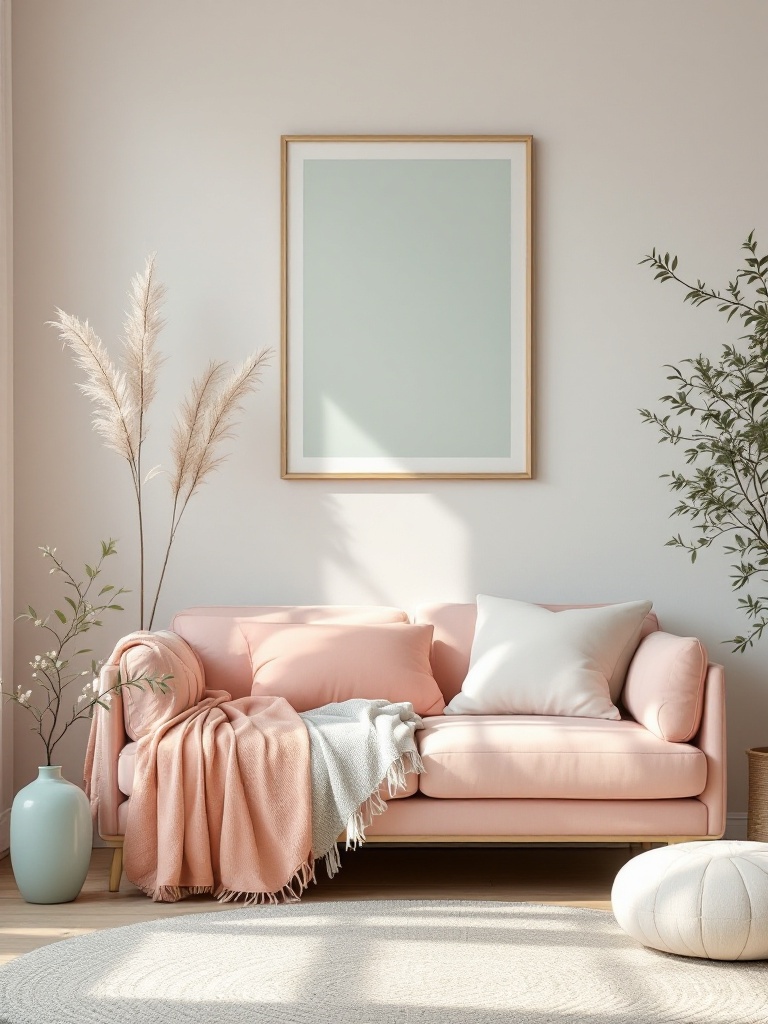 Pastel home decor featuring mint green, peach, and lavender with white accents for a spring atmosphere.