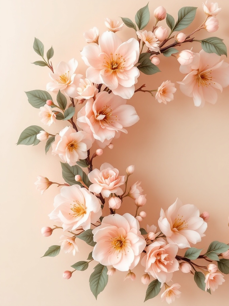 Elegant wreath with peach blossoms and creamy tones, blending rustic and modern styles for spring.