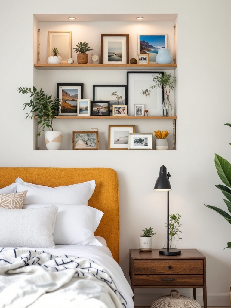 A cozy bedroom showcasing travel souvenirs, family photos, and mementos in creative shelving displays.