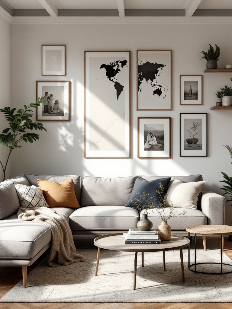 A cozy living room with a sectional sofa, family photos, artwork, and travel memorabilia on display.
