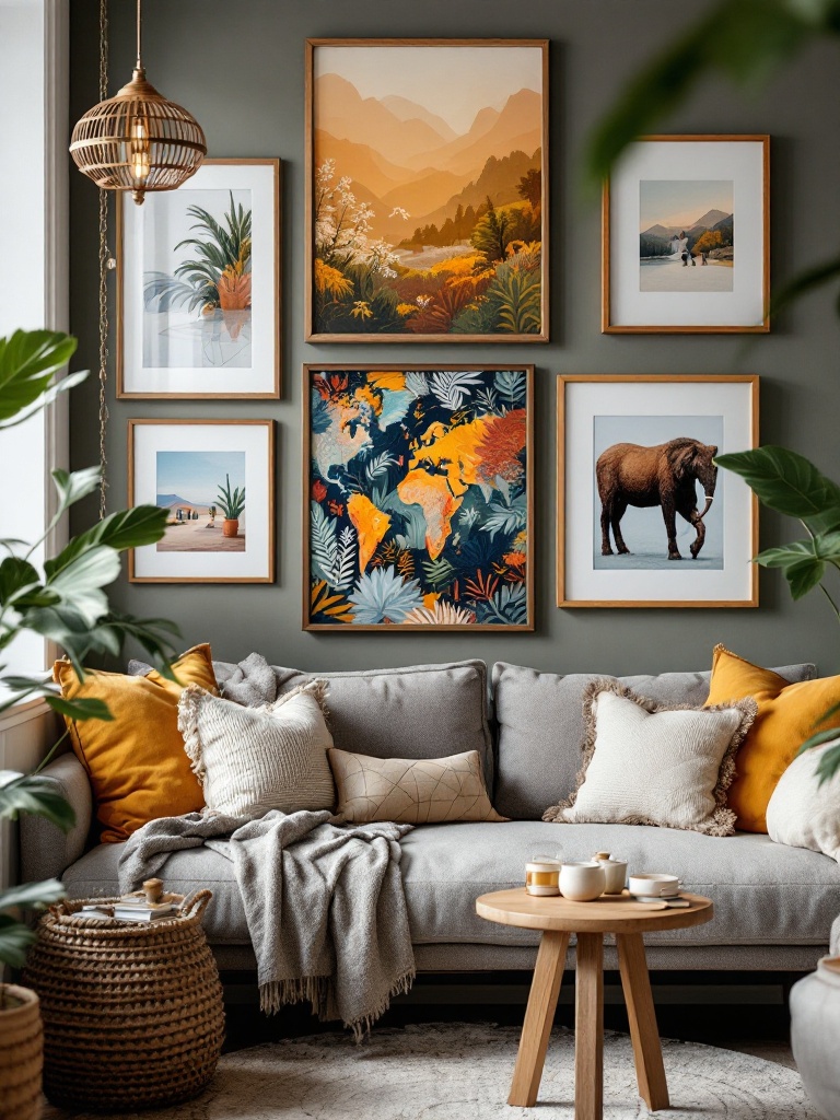 A cozy apartment living room showcasing personal decor, including family photos and travel souvenirs.