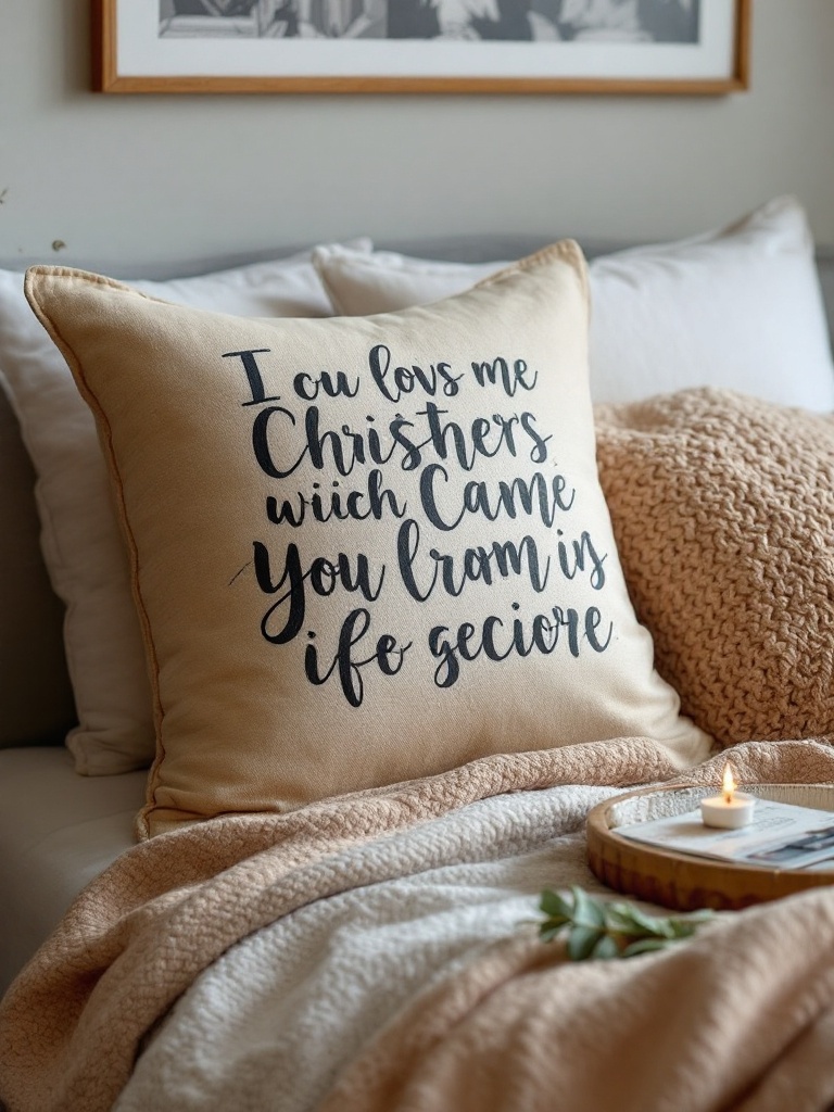 Personalized pillows with custom designs, quotes, and pictures enhancing bedroom decor and personality.