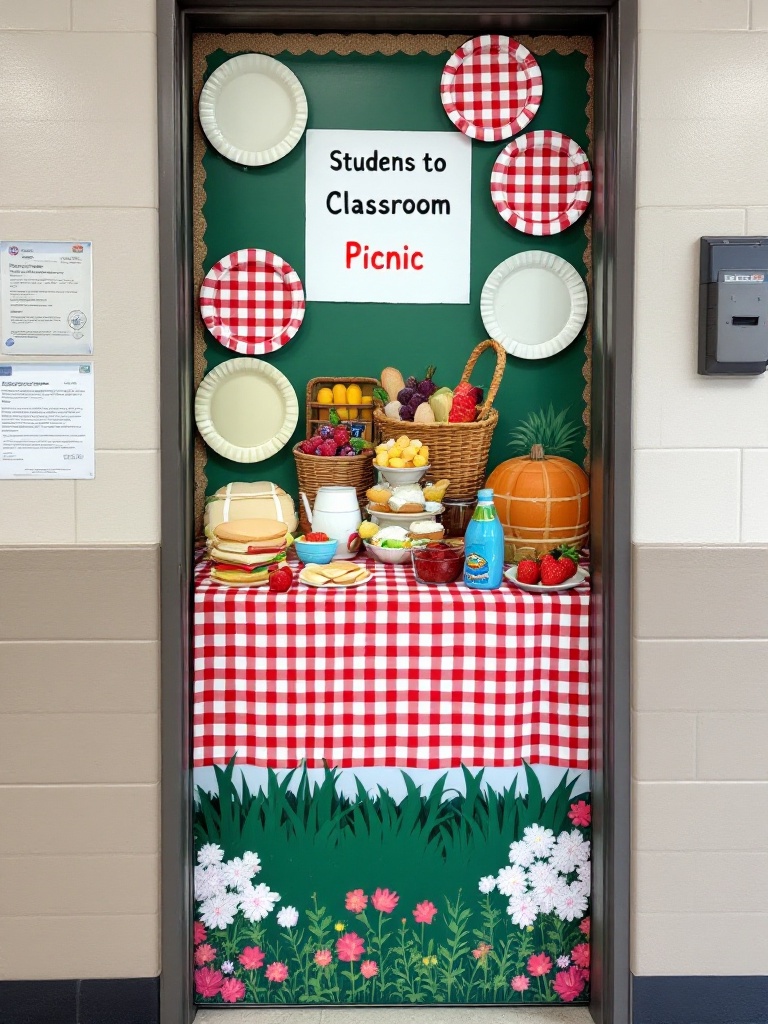 Picnic-themed door display with a checkered tablecloth, paper plates, sandwiches, fruits, and a sign.