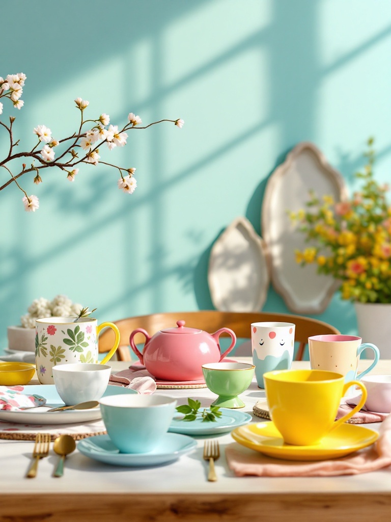 Bright, playful tableware with lively colors and whimsical designs for joyful spring meals and gatherings.